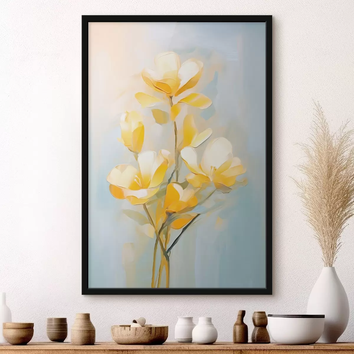 Poster Delicate gele bloemen in olieverfschilderijstijl f45651