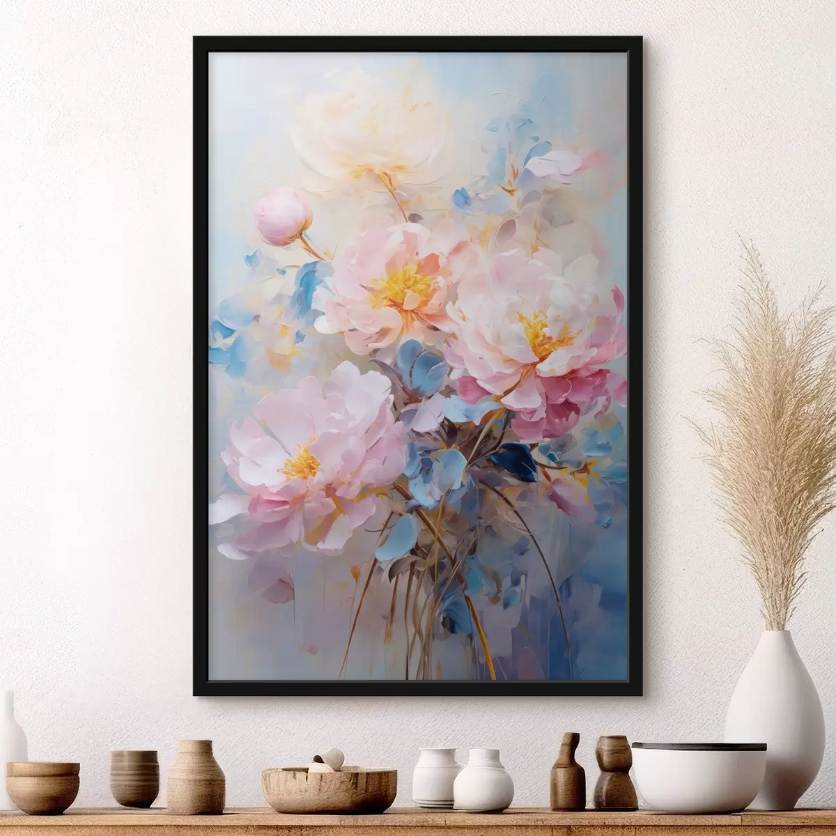 Poster Abstracte bloemen: roze en blauwe tinten f45652