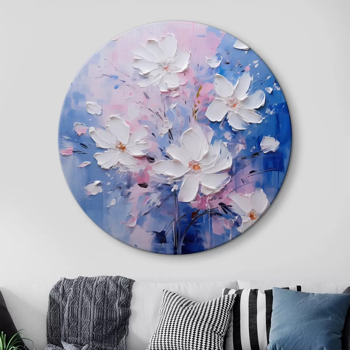 Ronde schilderijen Volumetrische bloemen op een blauwe achtergrond in impasto stijl r45648