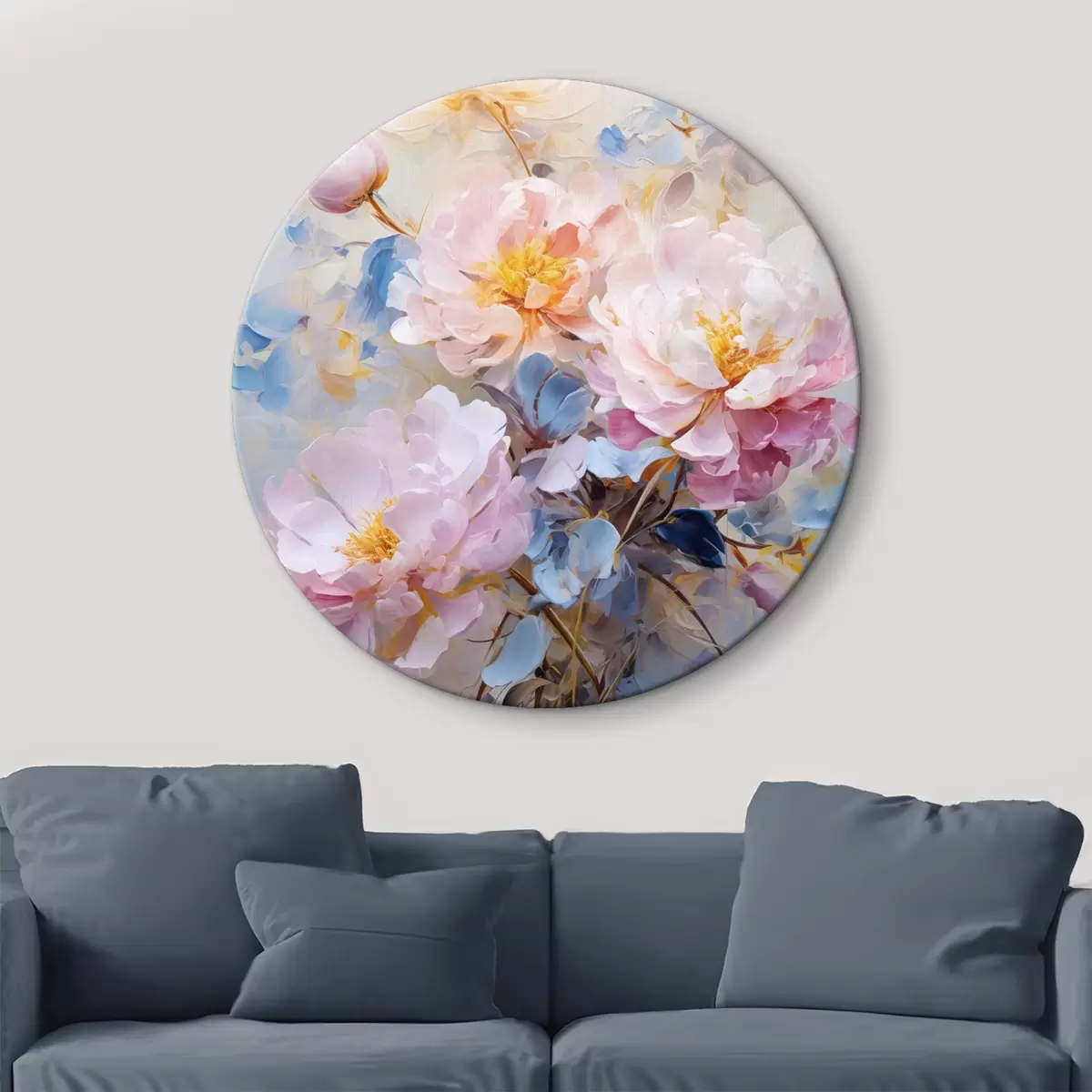 Ronde schilderijen Abstracte bloemen: roze en blauwe tinten r45652