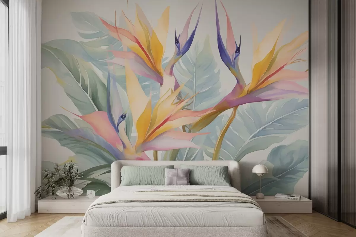 Fotobehang Strelitzia bloemen en bladeren w04527
