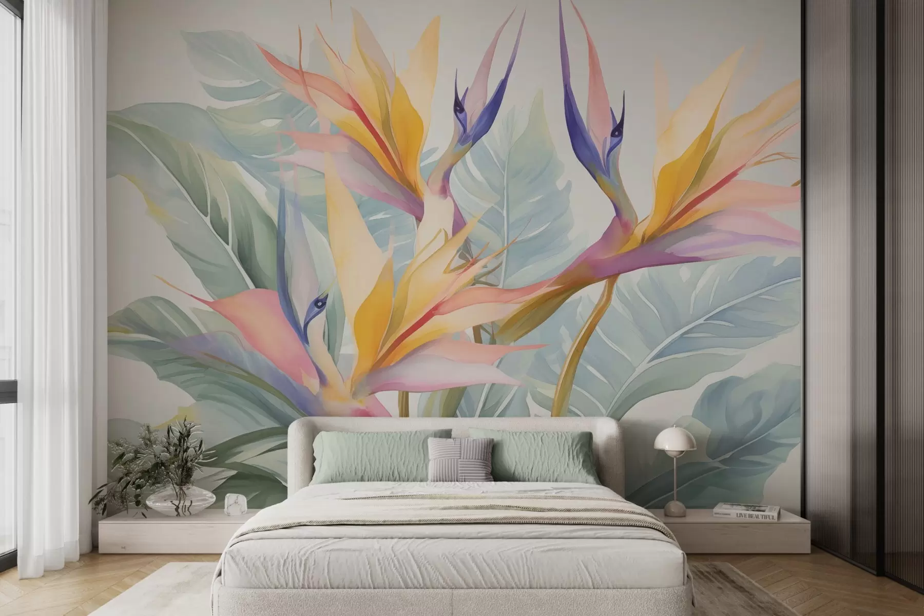 Fotobehang Strelitzia bloemen en bladeren w04527