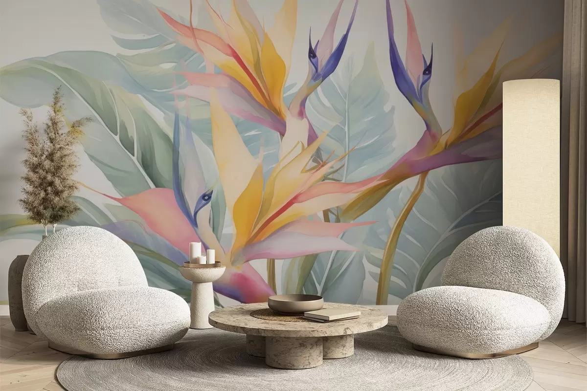 Fotobehang Strelitzia bloemen en bladeren w04527