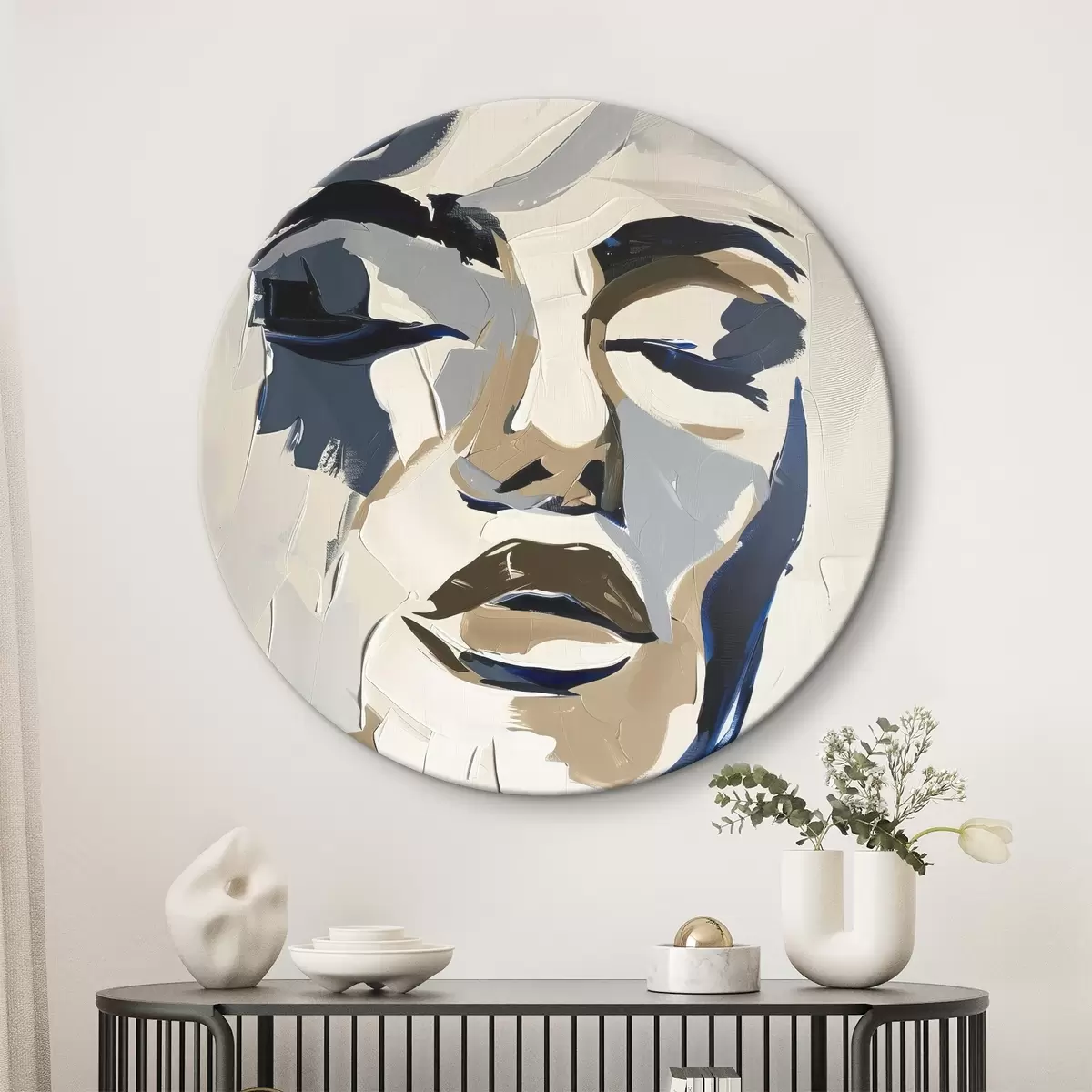 Ronde schilderijen Abstract portret van een vrouw met imitatie penseelstreken r45743