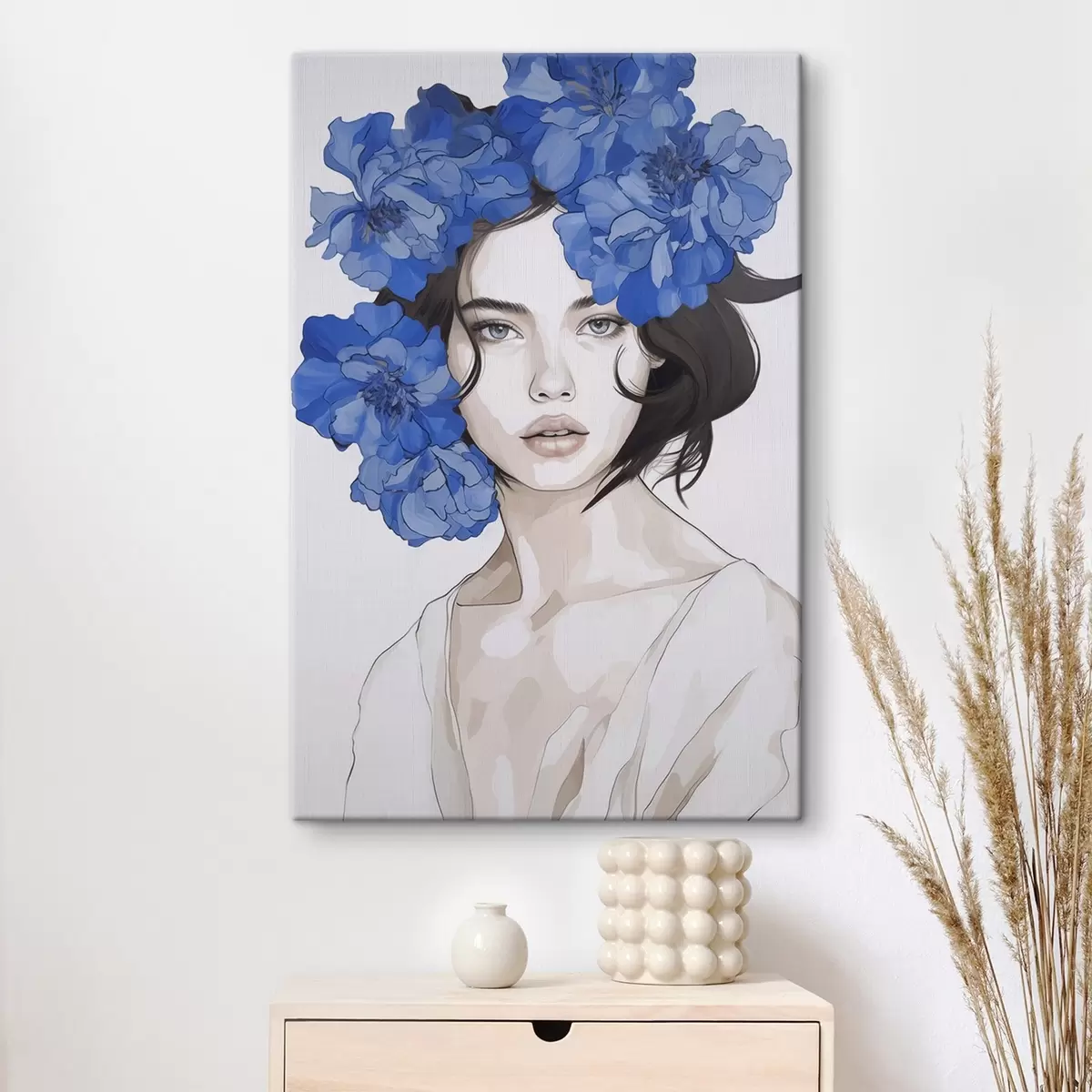  Schilderijen Portret van een meisje met blauwe bloemen s45756