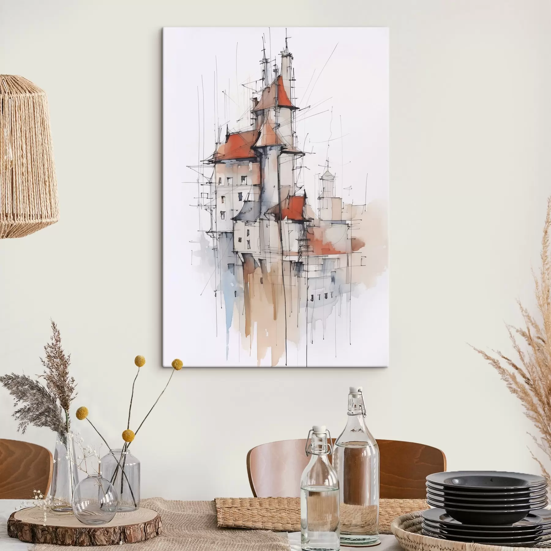  Schilderijen Huizen imitatie schets en aquarel s45764