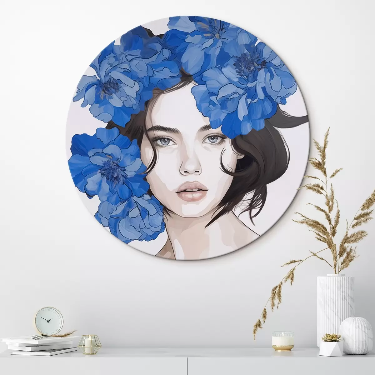 Ronde schilderijen Portret van een meisje met blauwe bloemen r45756