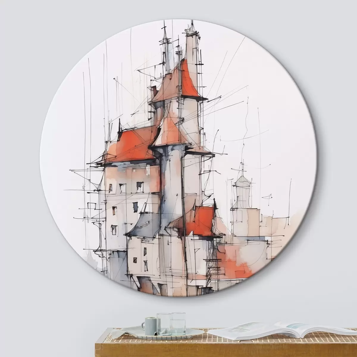 Ronde schilderijen Huizen imitatie schets en aquarel r45764