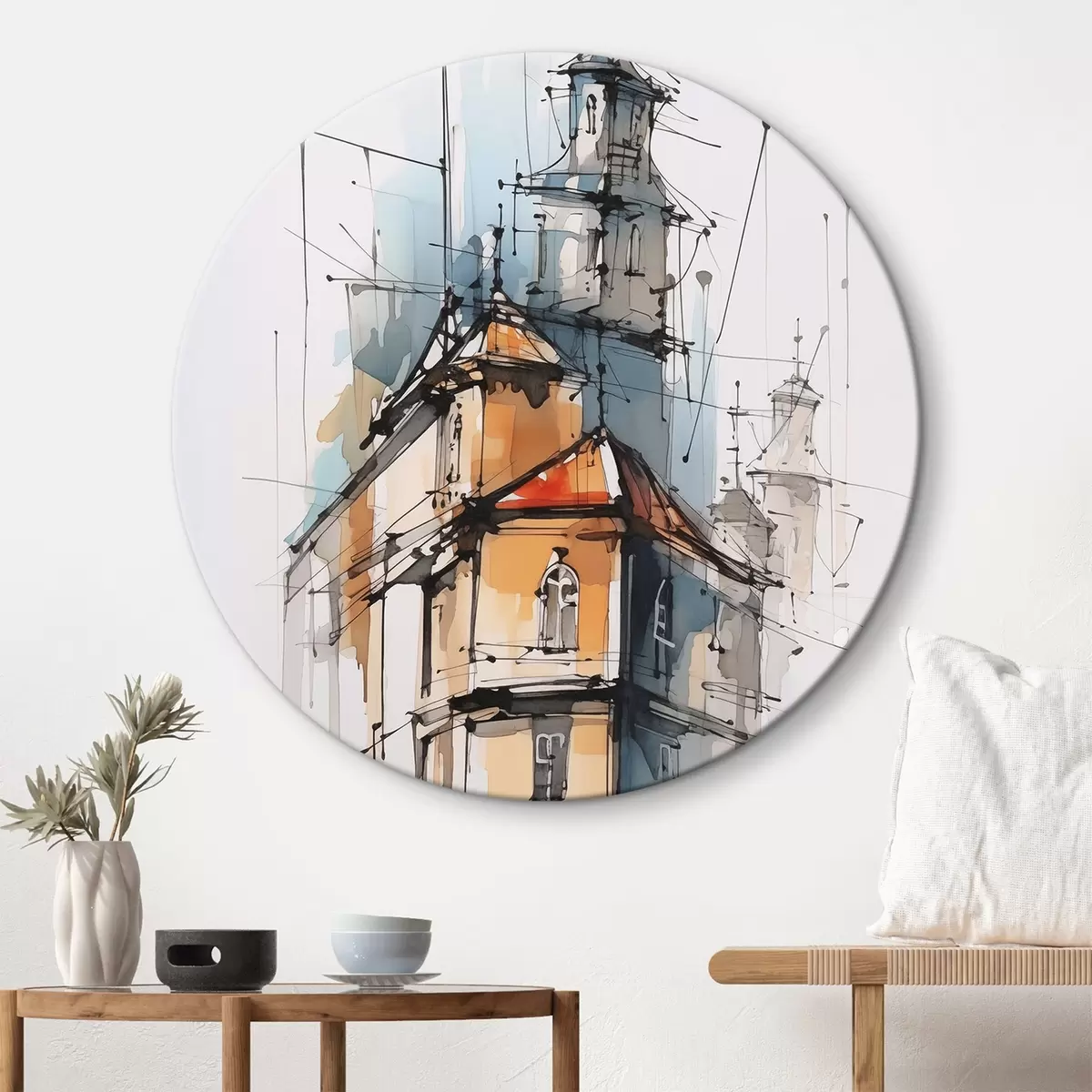 Ronde schilderijen Huizen imitatie schets en aquarel r45765
