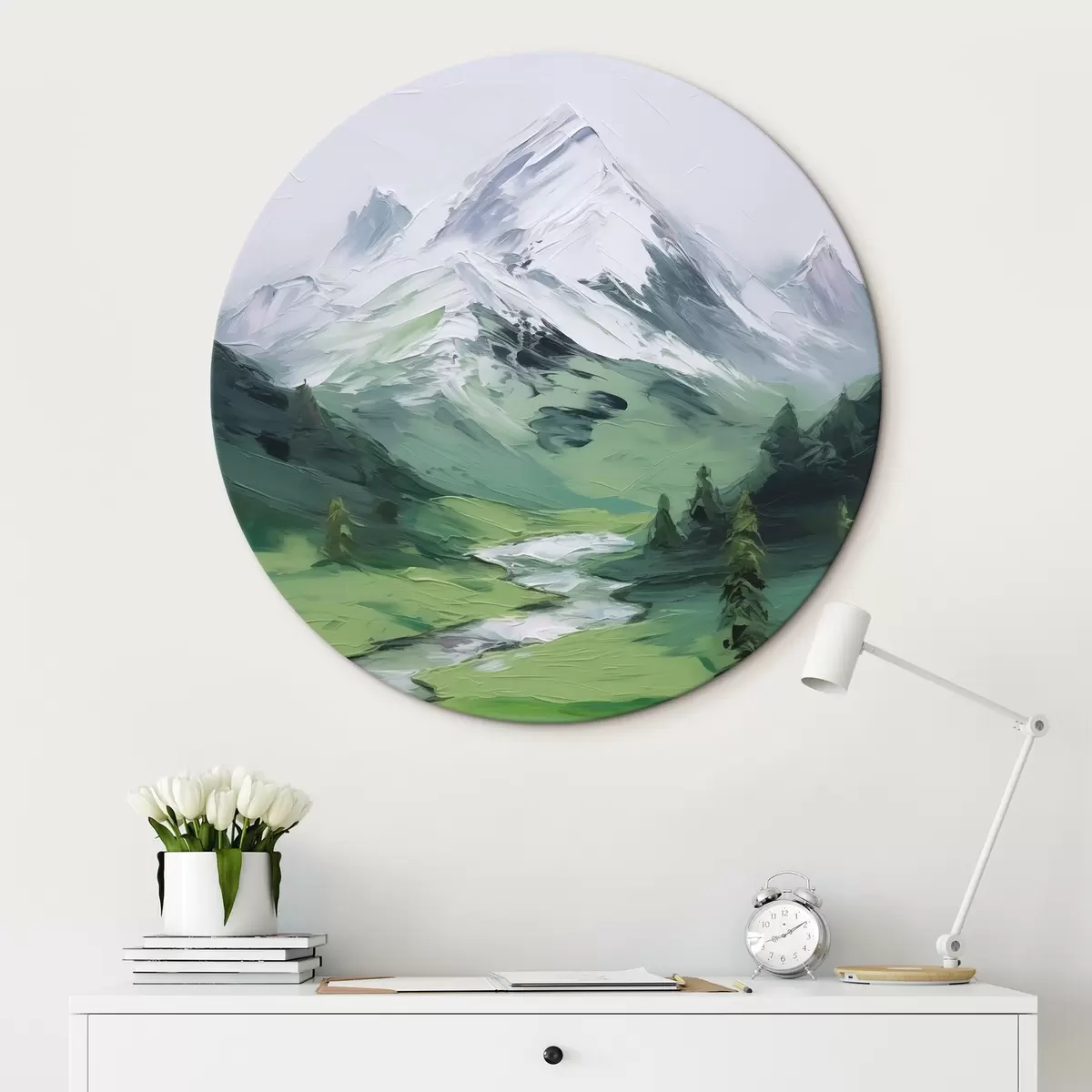 Ronde schilderijen Schilderij dat een bergvallei nabootst r45775