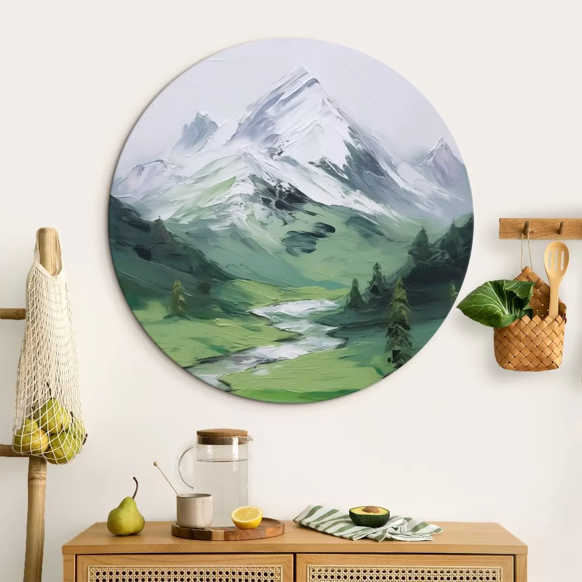 Ronde schilderijen Schilderij dat een bergvallei nabootst r45775