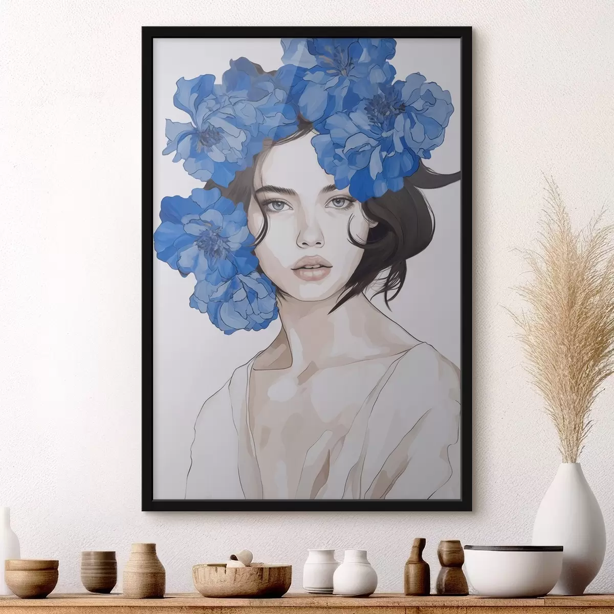Poster Portret van een meisje met blauwe bloemen f45756
