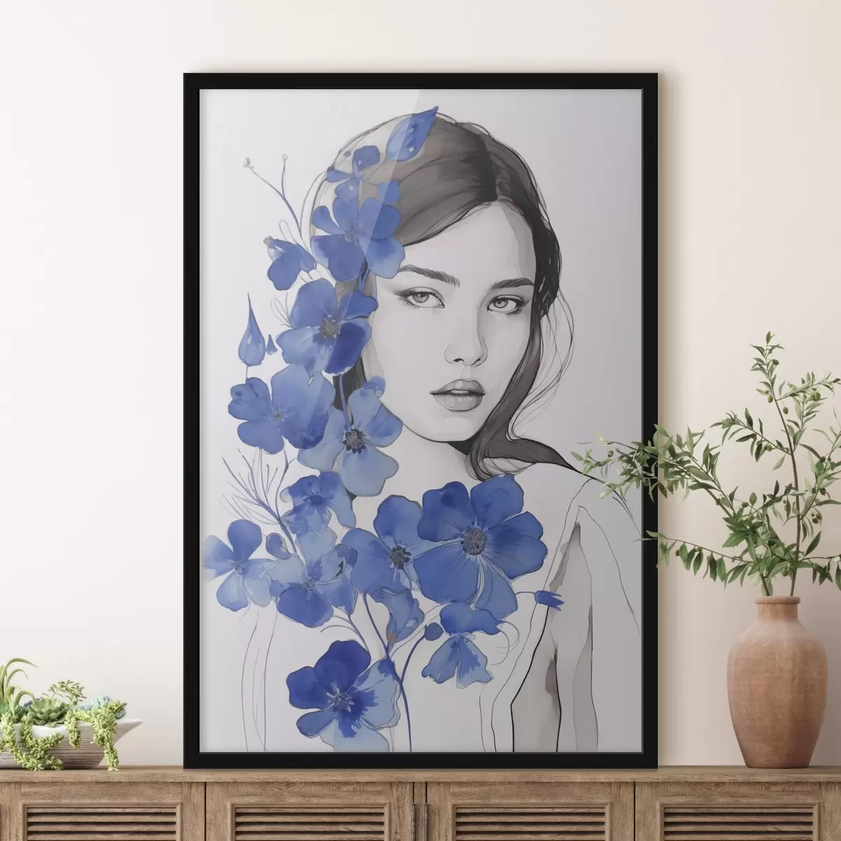Poster Meisje en blauwe bloemen f45757