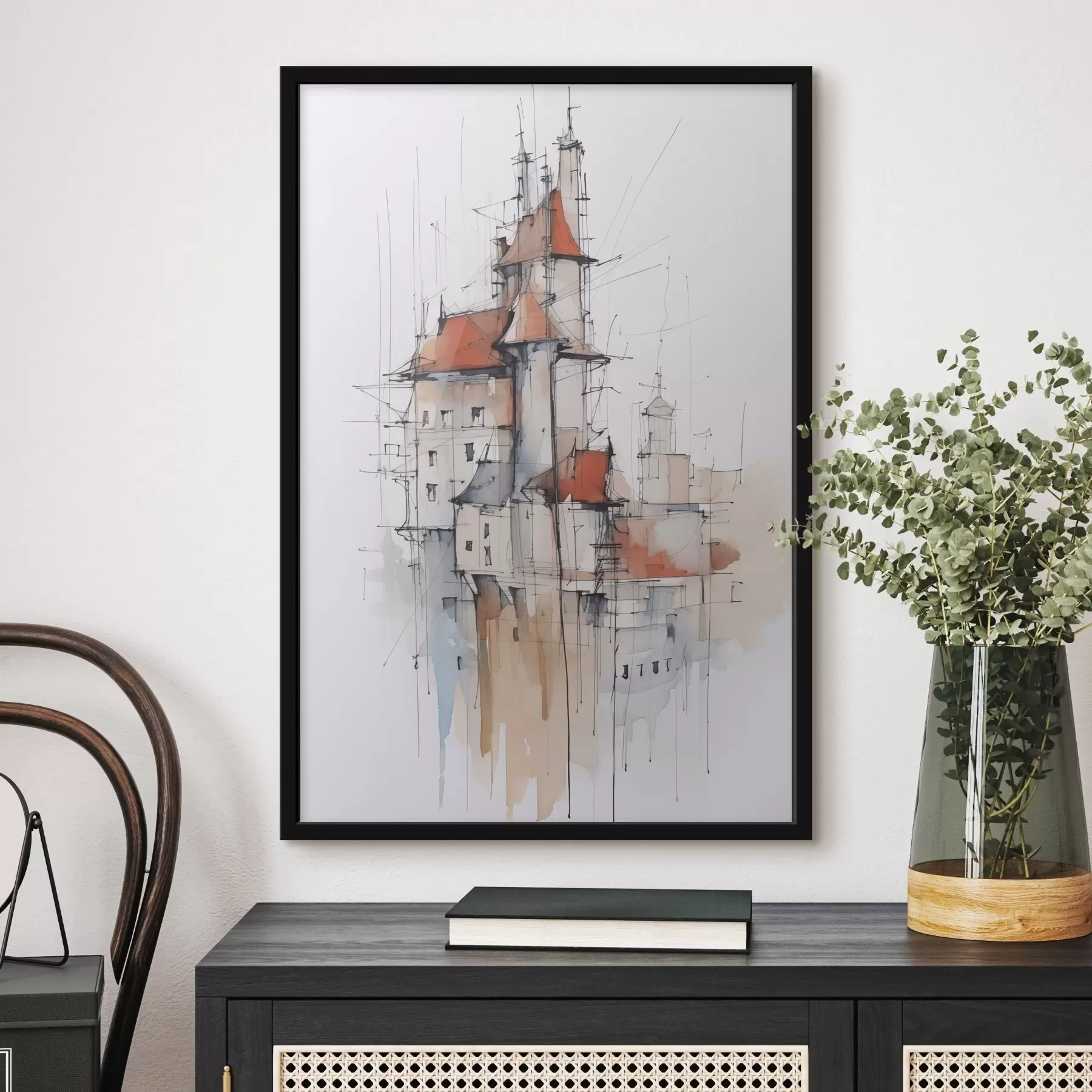 Fotobehang Huizen imitatie schets en aquarel f45764