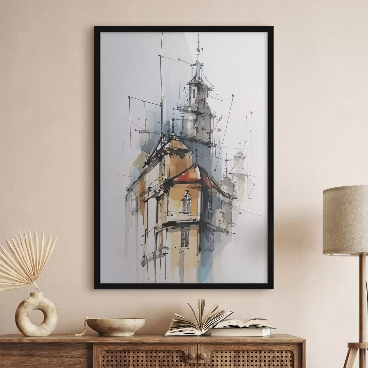Poster Huizen imitatie schets en aquarel f45765