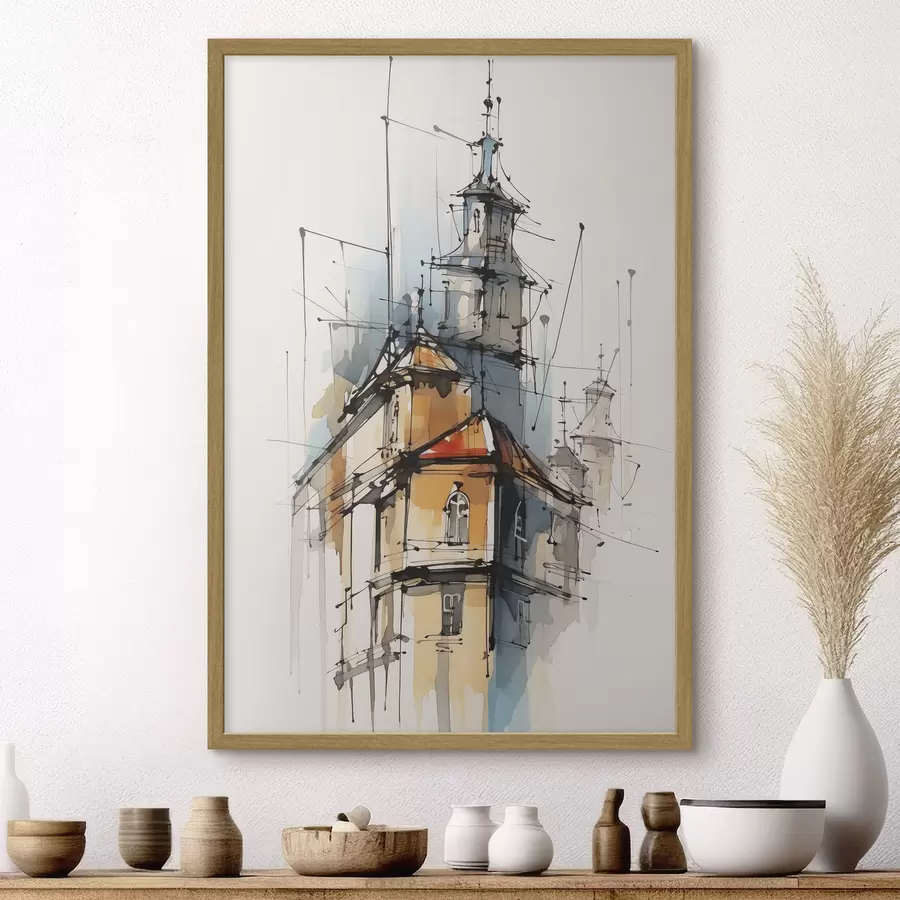 Fotobehang Huizen imitatie schets en aquarel f45765
