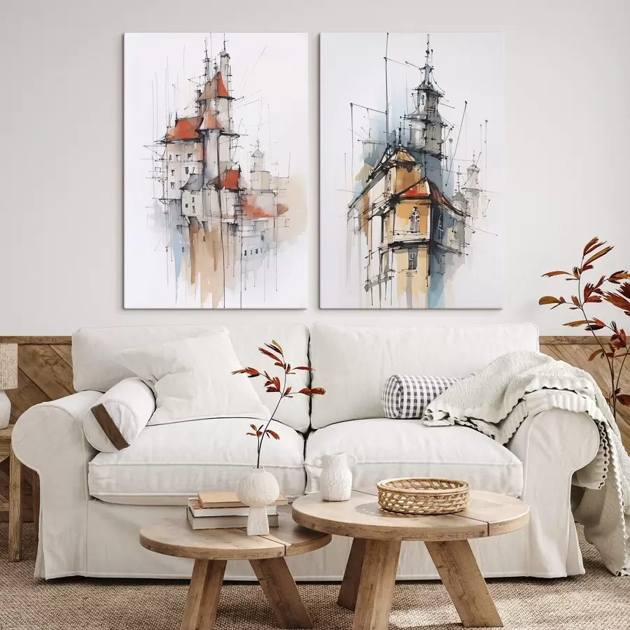  Schilderijen Huizen imitatie schets en aquarel m00725