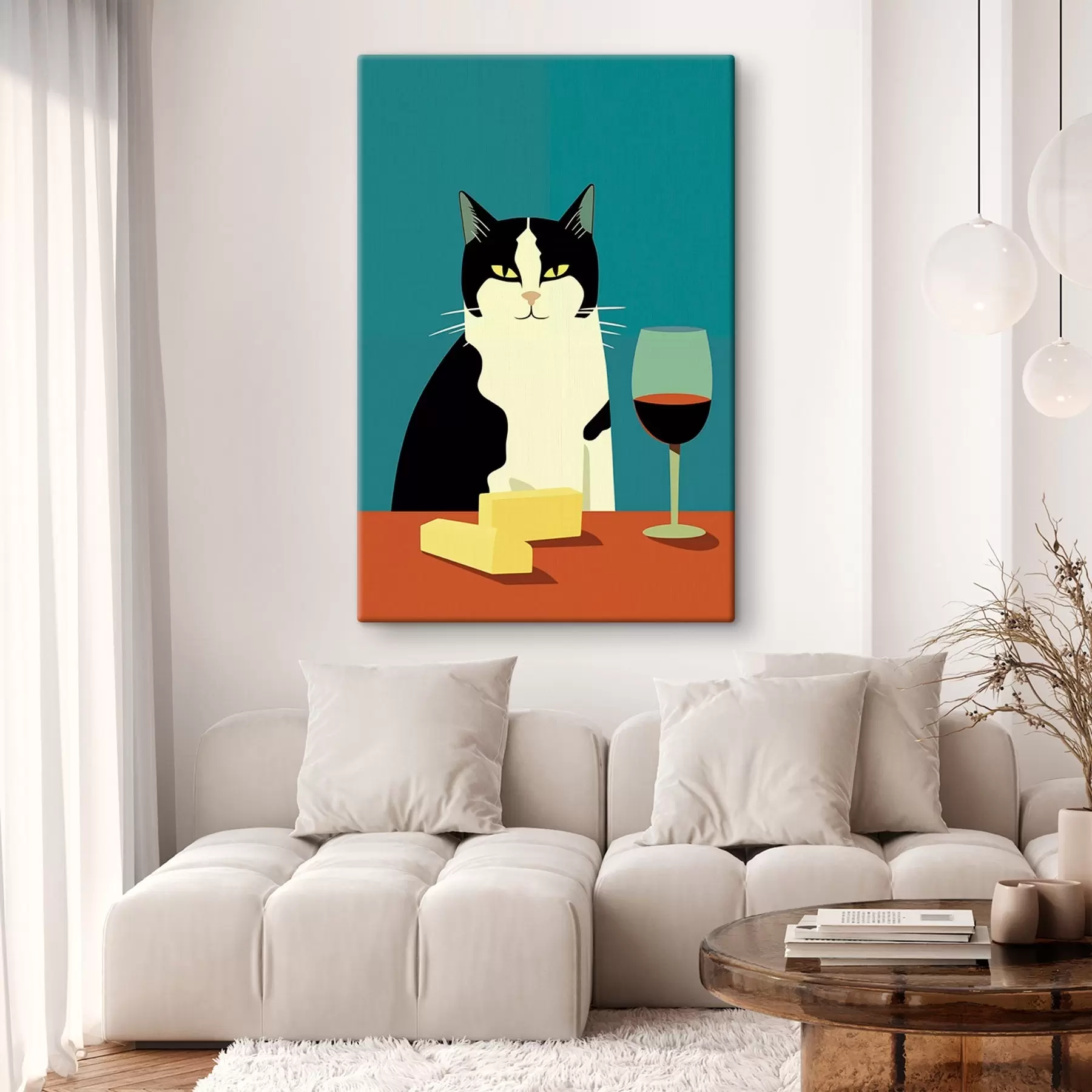  Schilderijen Kat met wijn en kaas s45801