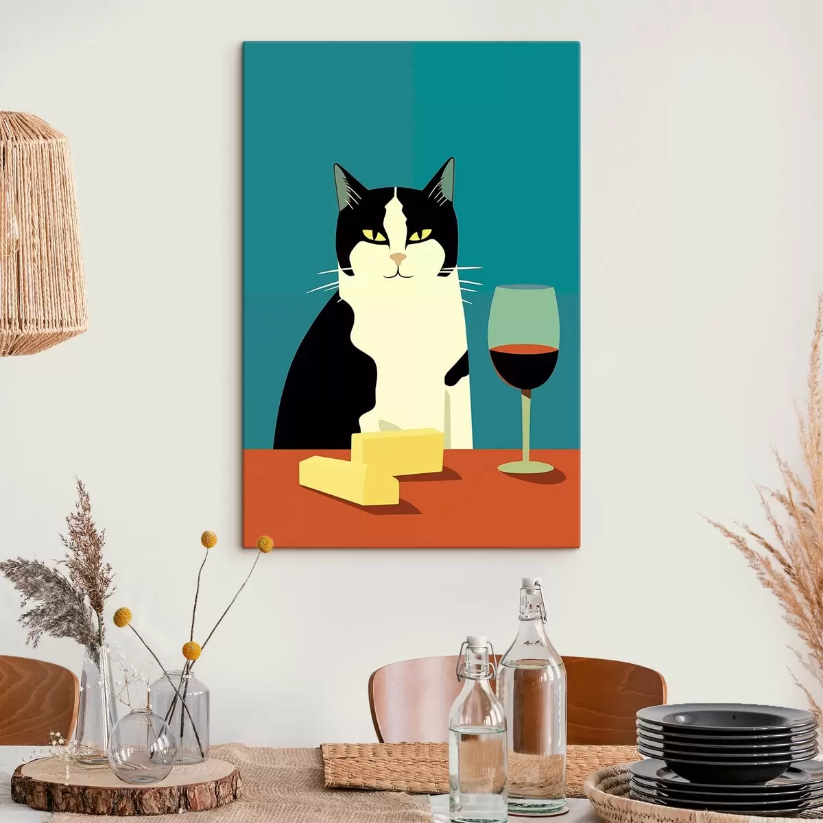  Schilderijen Kat met wijn en kaas s45801