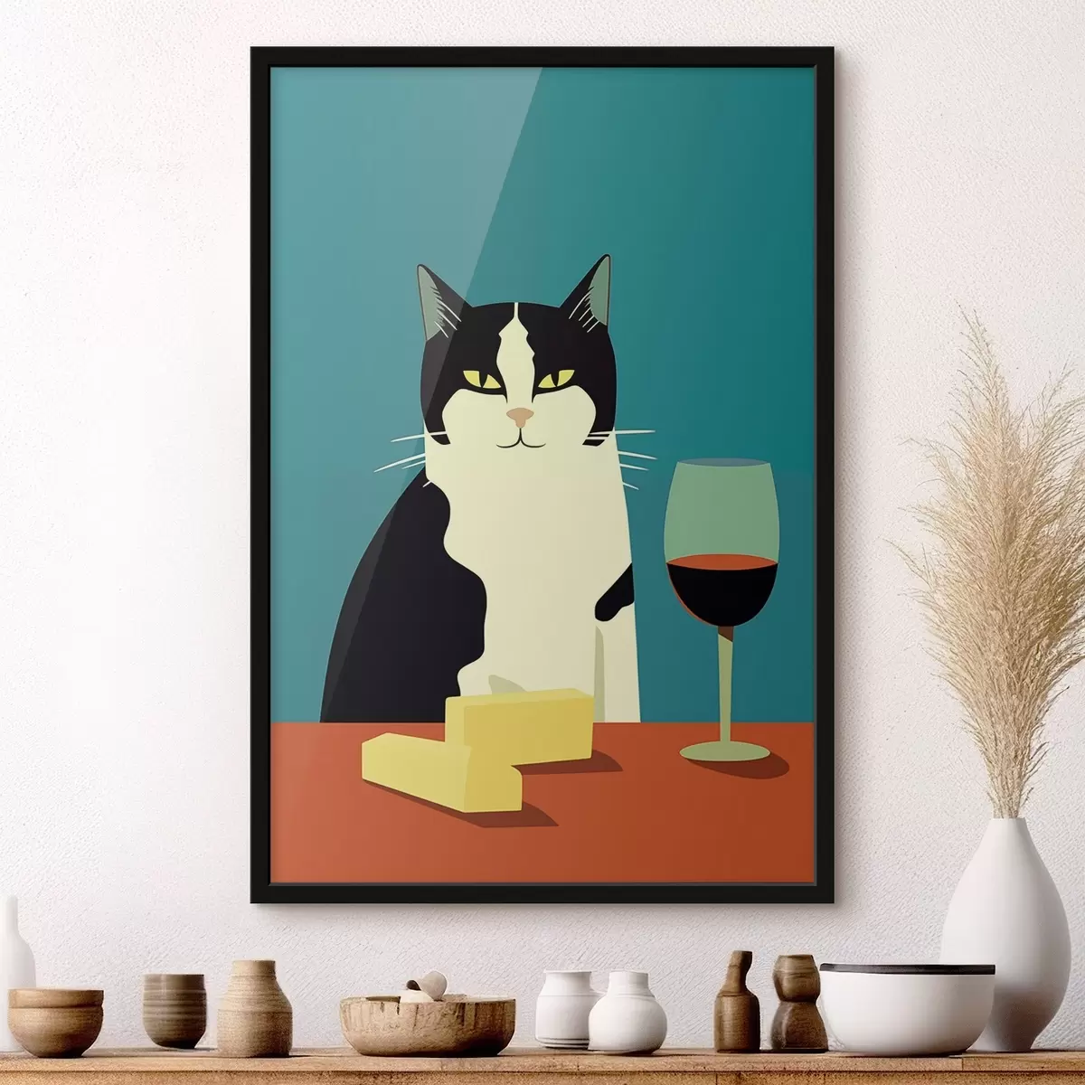 Poster Kat met wijn en kaas f45801