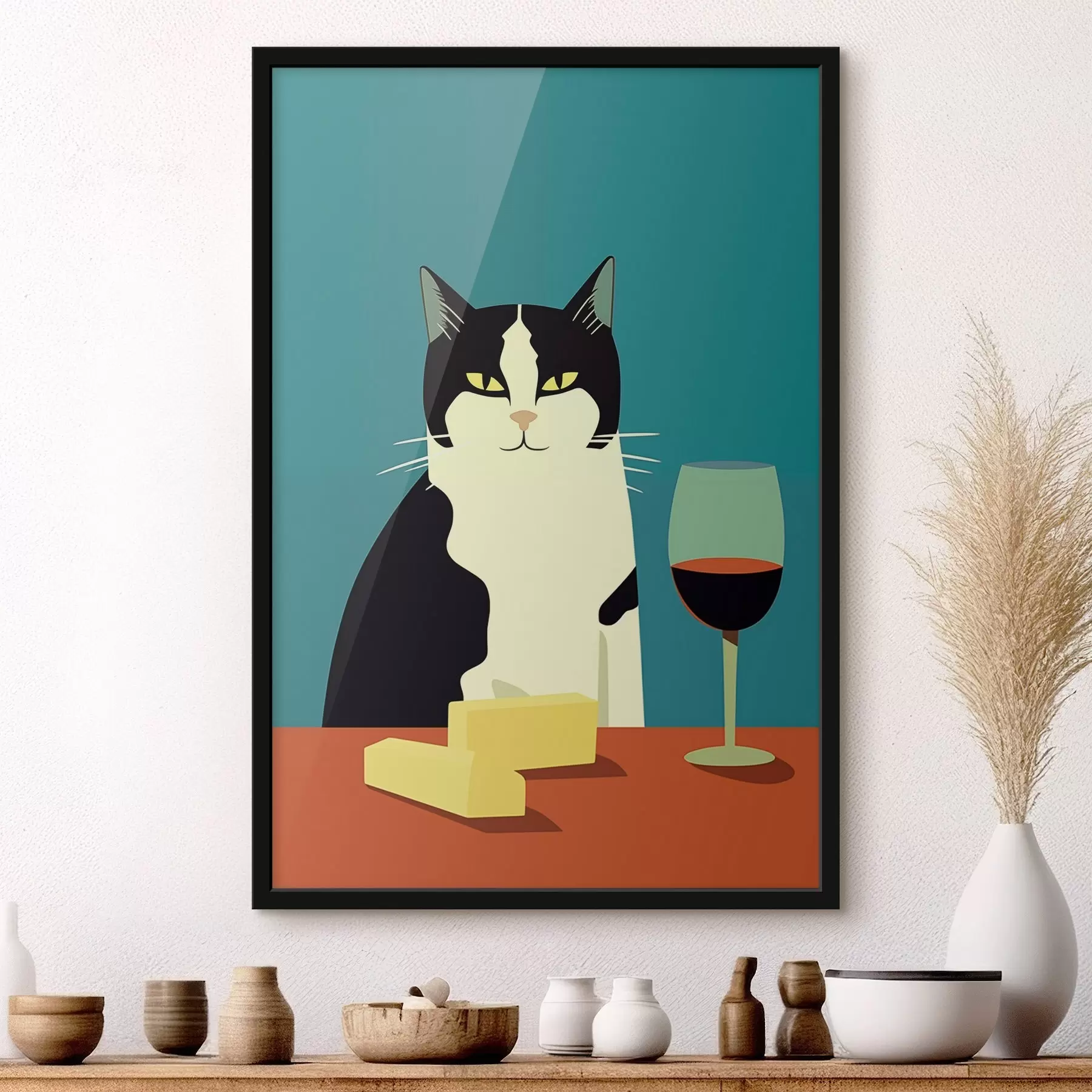 Fotobehang Kat met wijn en kaas f45801