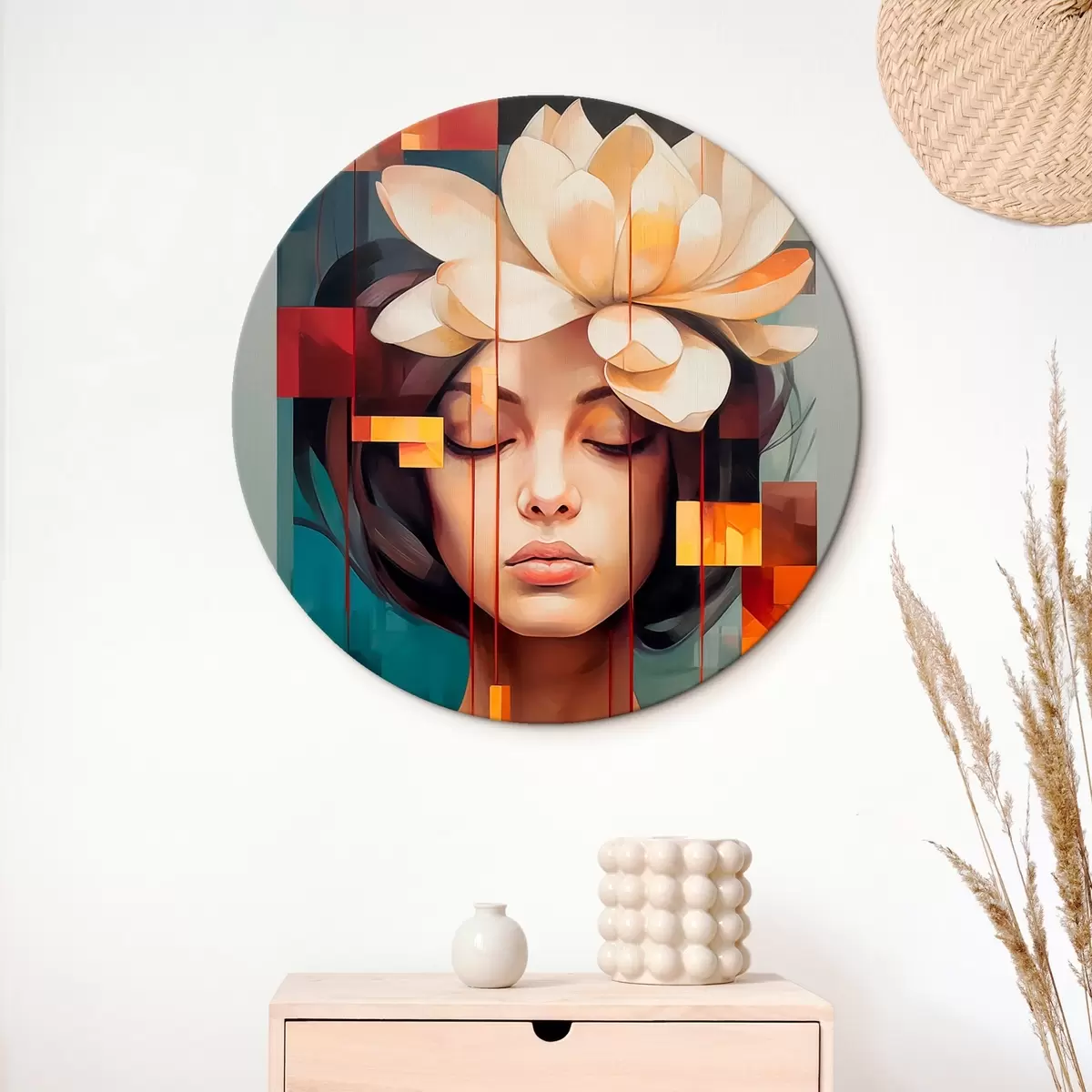 Ronde schilderijen Vrouw met een bloem r45796