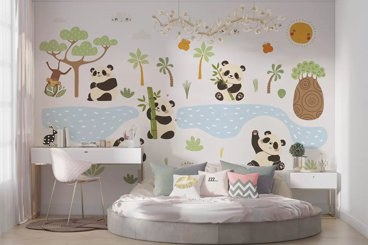 Fotobehang Vrolijke panda's bij de rivier w04541