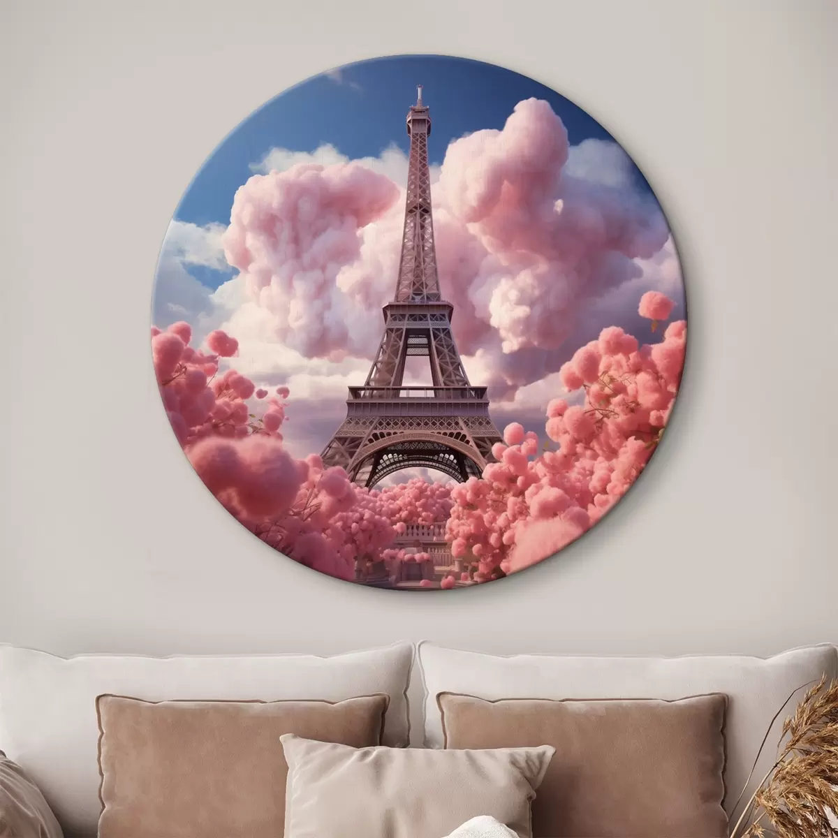 Ronde schilderijen Eiffeltoren in roze wolken in fantasiestijl r45036
