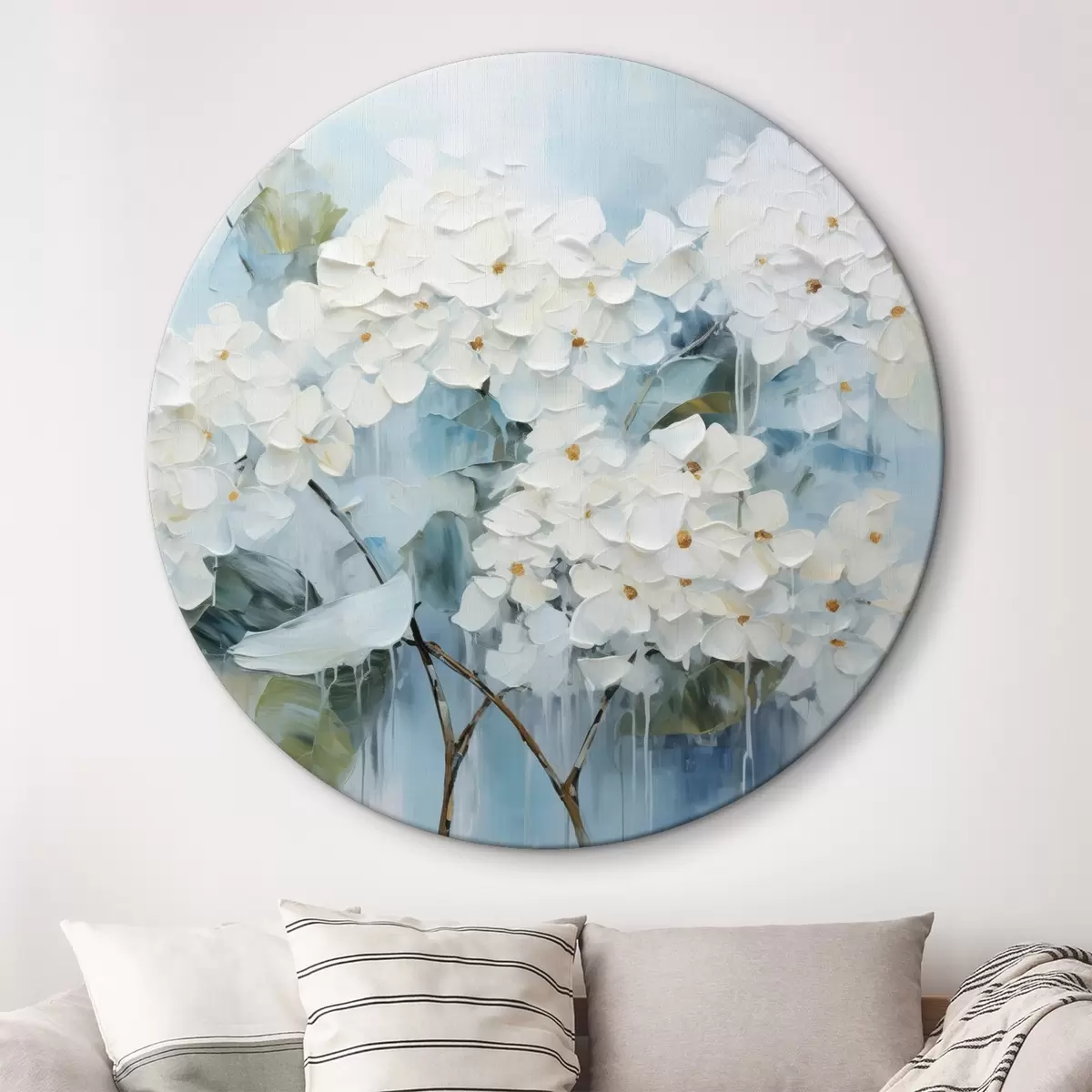Ronde schilderijen Bloeiende witte hortensia's in olieverfschilderijstijl r45051