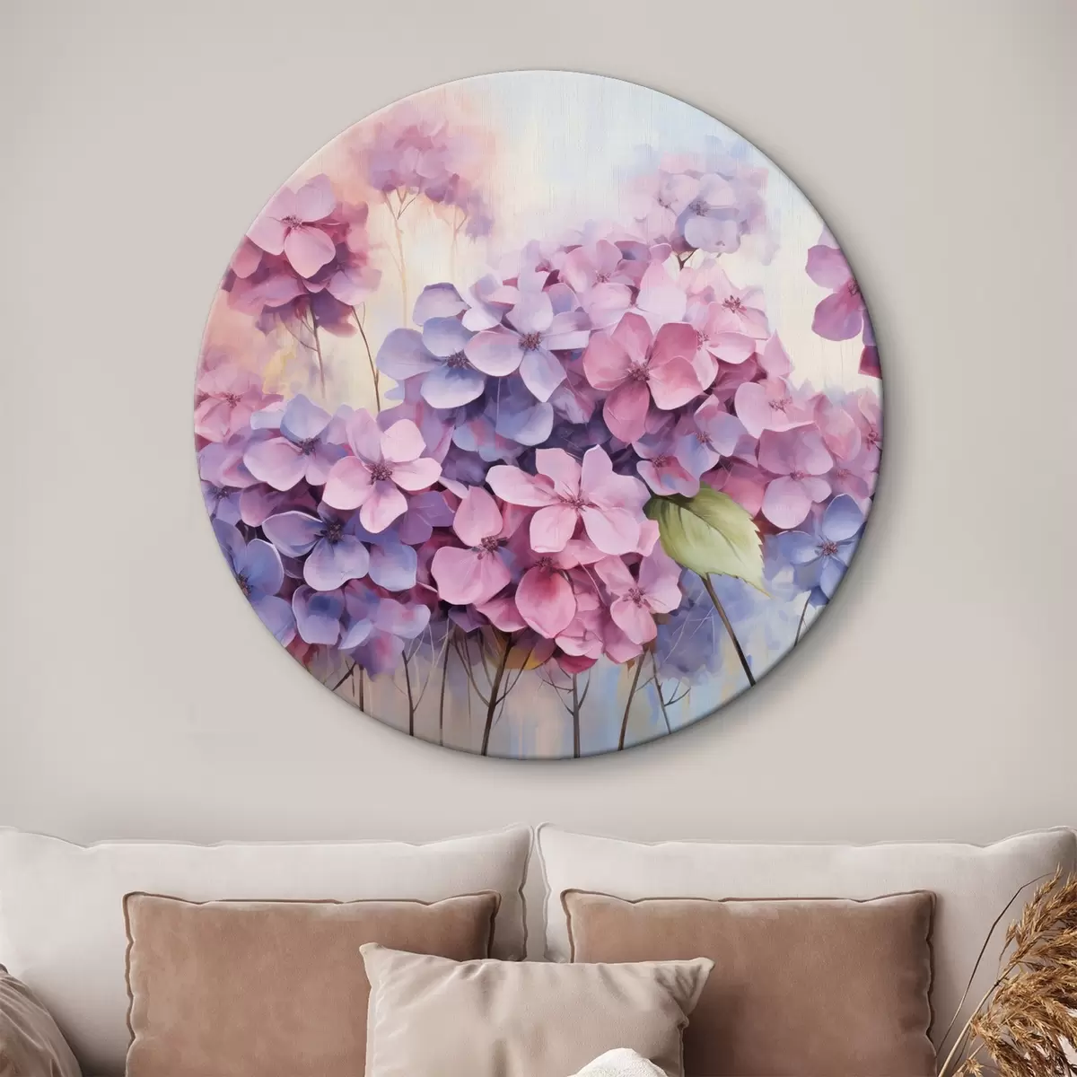Ronde schilderijen Veld met delicate hortensia's in pasteltinten r45057