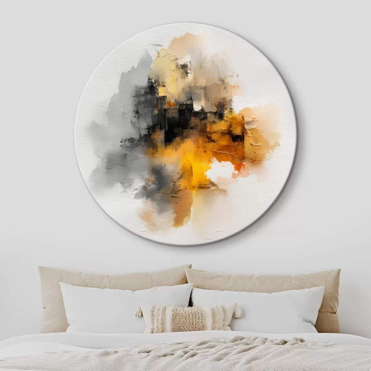 Ronde schilderijen Abstracte compositie in oranje en grijstinten met textuur r45238