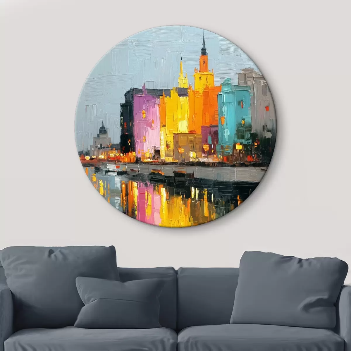 Ronde schilderijen Stadsverlichting: levendig landschap in impasto stijl r45242