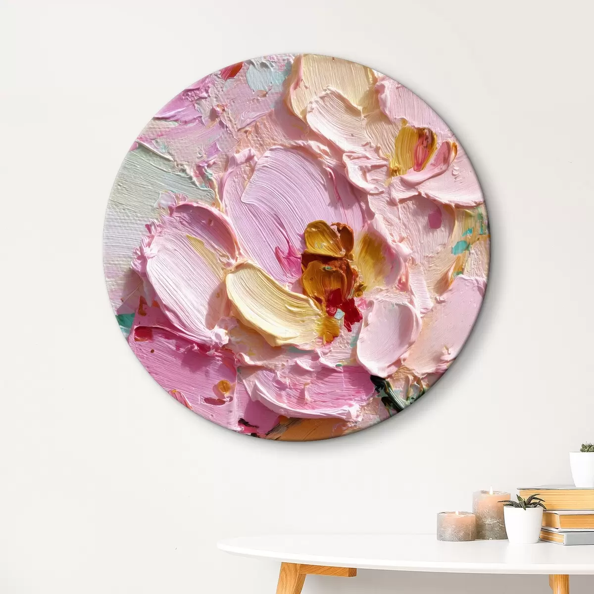 Ronde schilderijen Roze magnolia's: structuurschilderij met dimensionale streken r45249