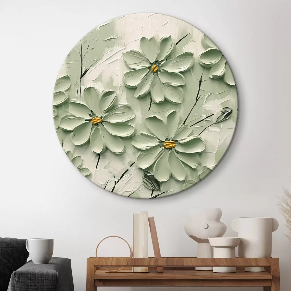 Ronde schilderijen Groene bloemen met gele harten geschilderd in dikke penseelstreken op een lichte achtergrond r45265