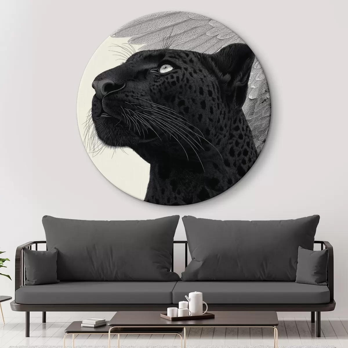 Ronde schilderijen Grafische compositie: panter met vleugels r45548