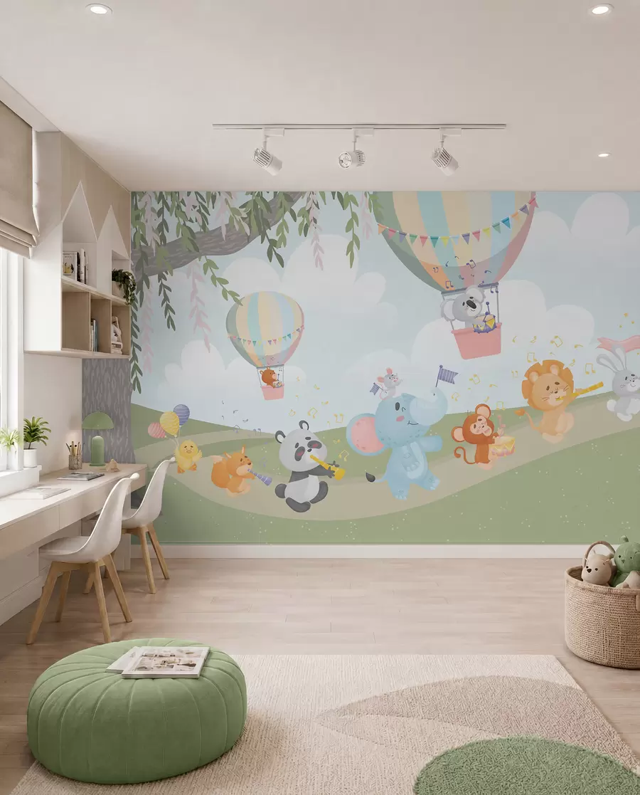 Fotobehang Landschap met dieren die muziekinstrumenten bespelen w04200