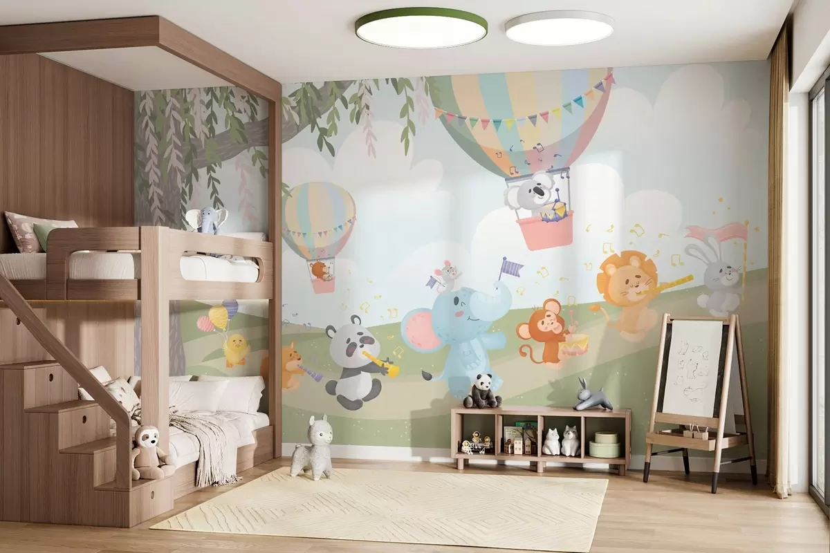 Fotobehang Landschap met dieren die muziekinstrumenten bespelen w04200