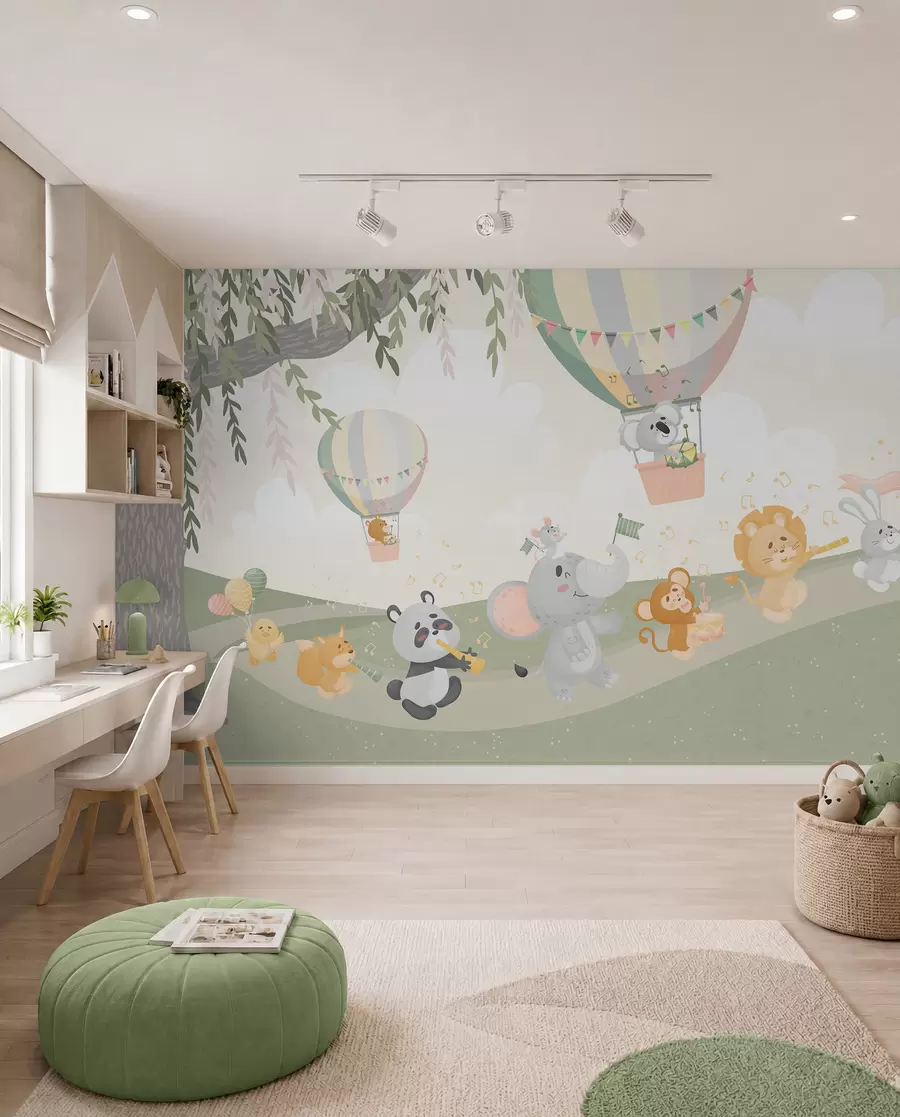 Fotobehang Landschap met dieren die muziekinstrumenten bespelen w04200v1