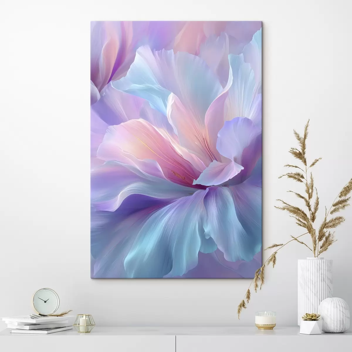  Schilderijen een delicate fantasiebloem met bloemblaadjes in tinten paars, blauw en roze. s45710