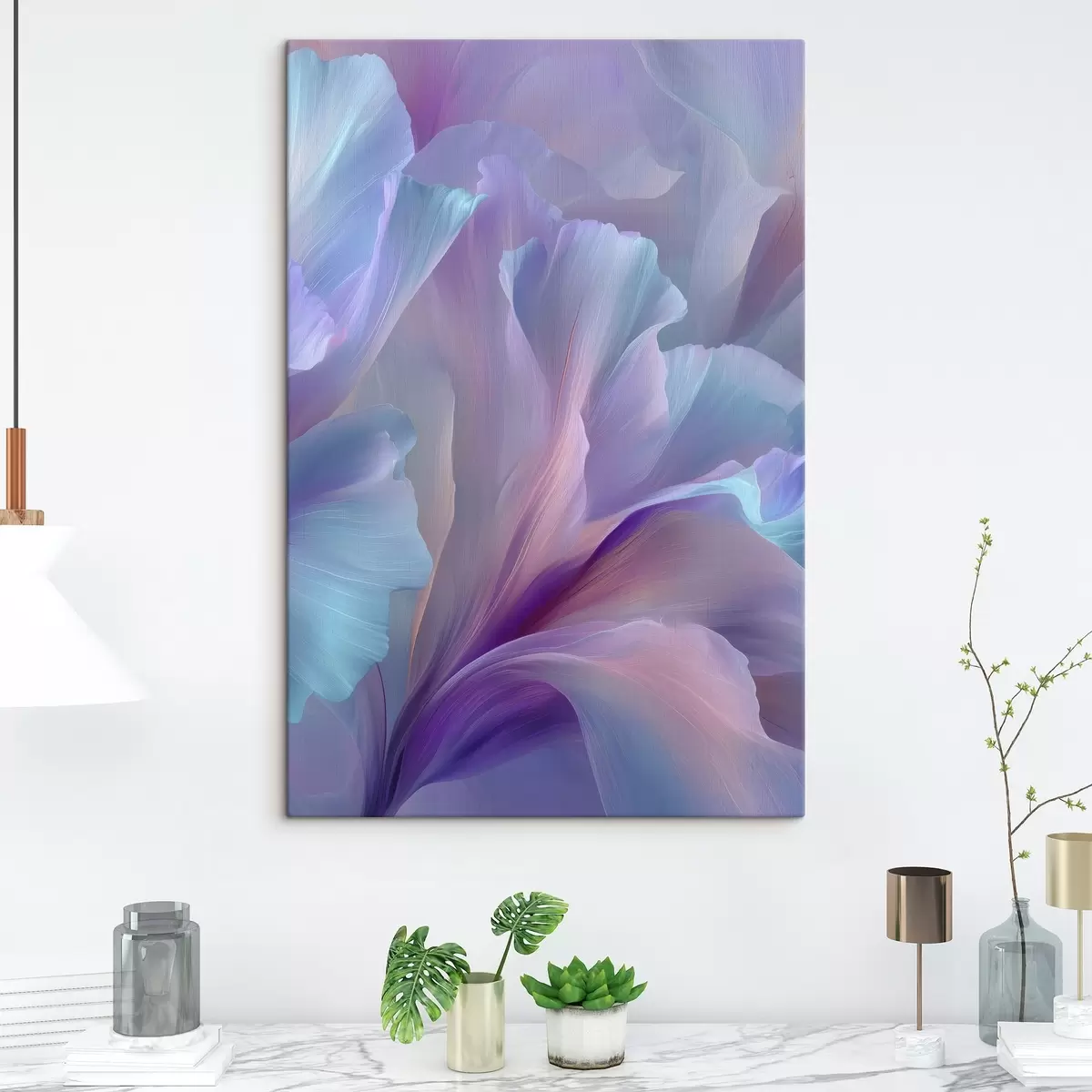  Schilderijen een delicate fantasiebloem met bloemblaadjes in tinten paars, blauw en roze. s45711