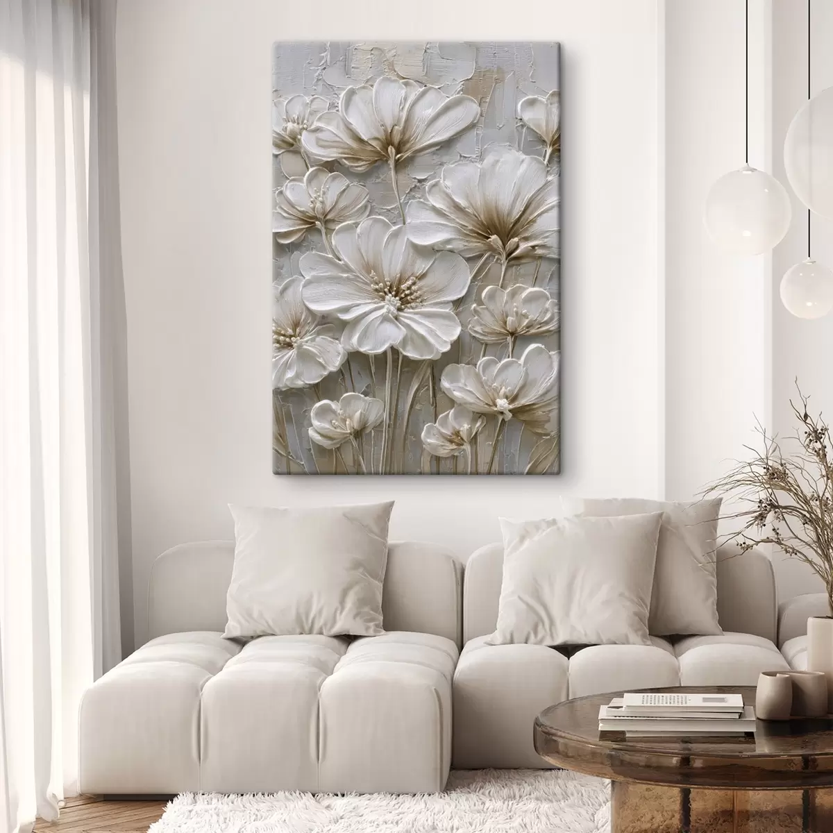  Schilderijen crèmekleurige bloemen in imitatie-impastostijl s45712
