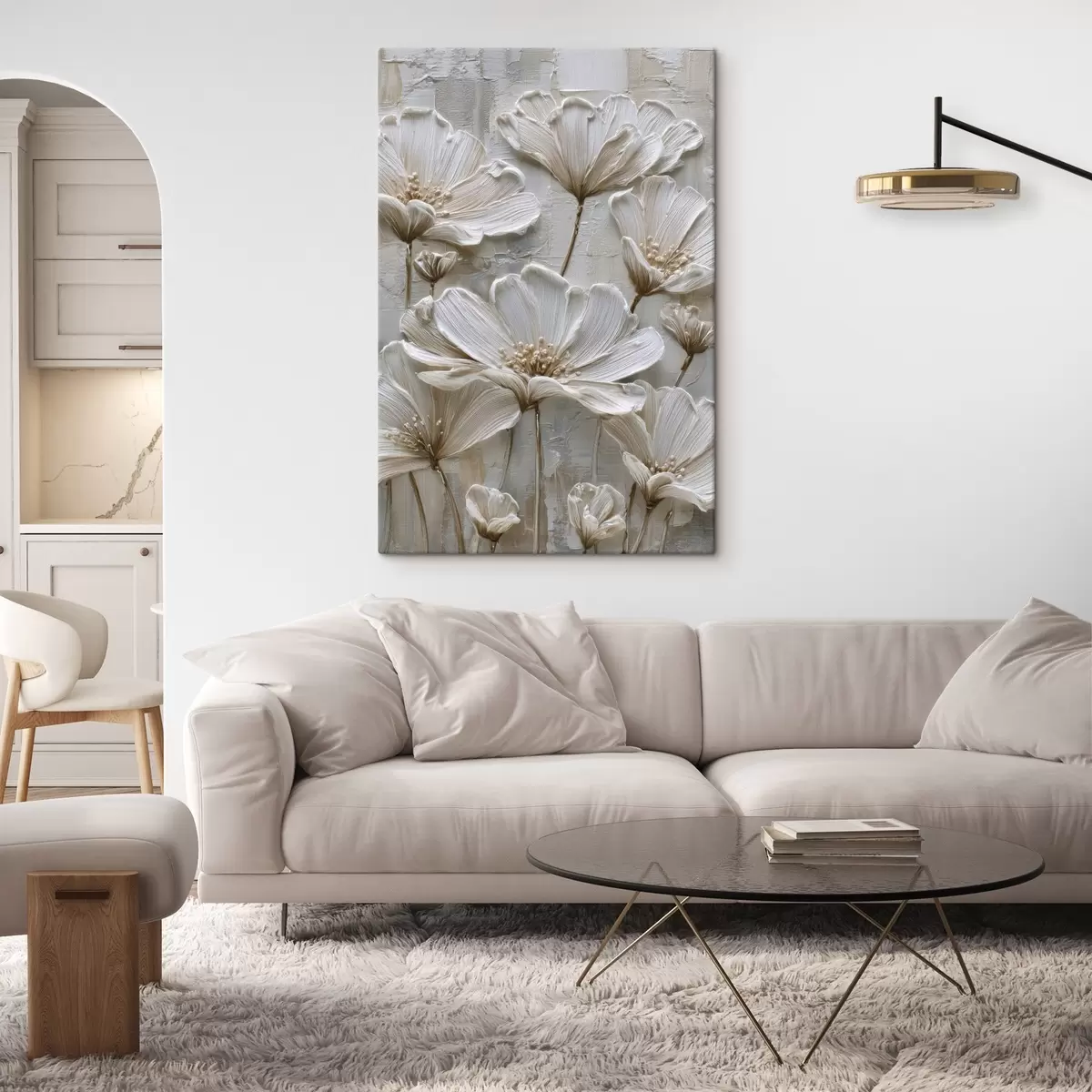  Schilderijen crèmekleurige bloemen in imitatie-impastostijl s45713