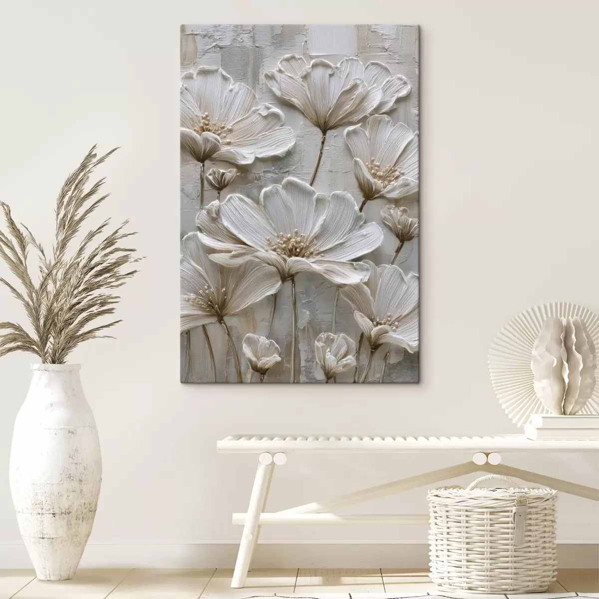  Schilderijen crèmekleurige bloemen in imitatie-impastostijl s45713