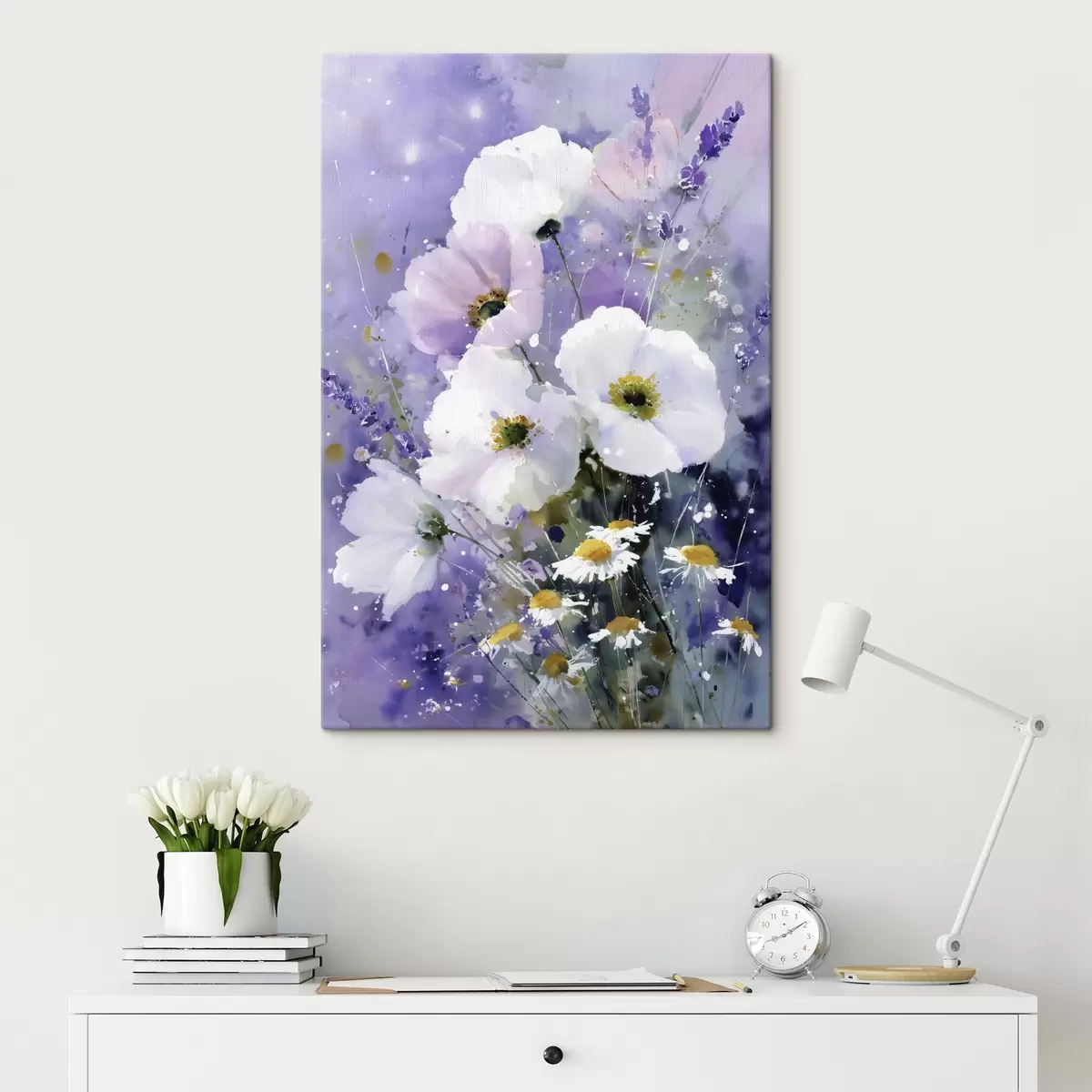  Schilderijen aquarelboeket in lila en witte tinten s45719