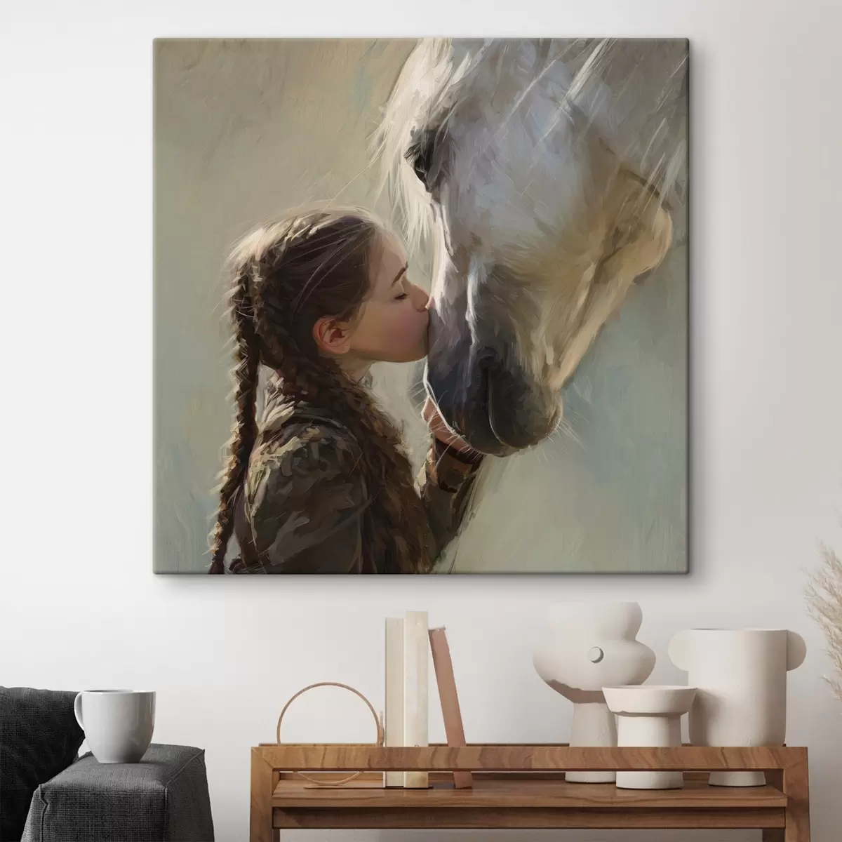  Schilderijen meisje dat een paard kust s45731