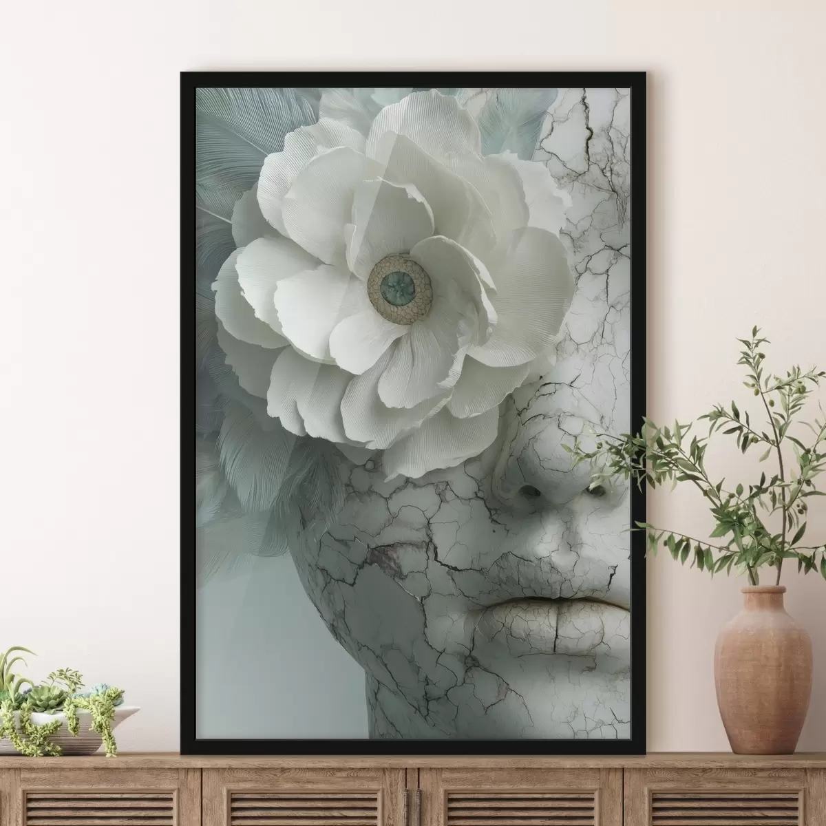 Poster marmeren gezicht van een meisje met een bloem f45709