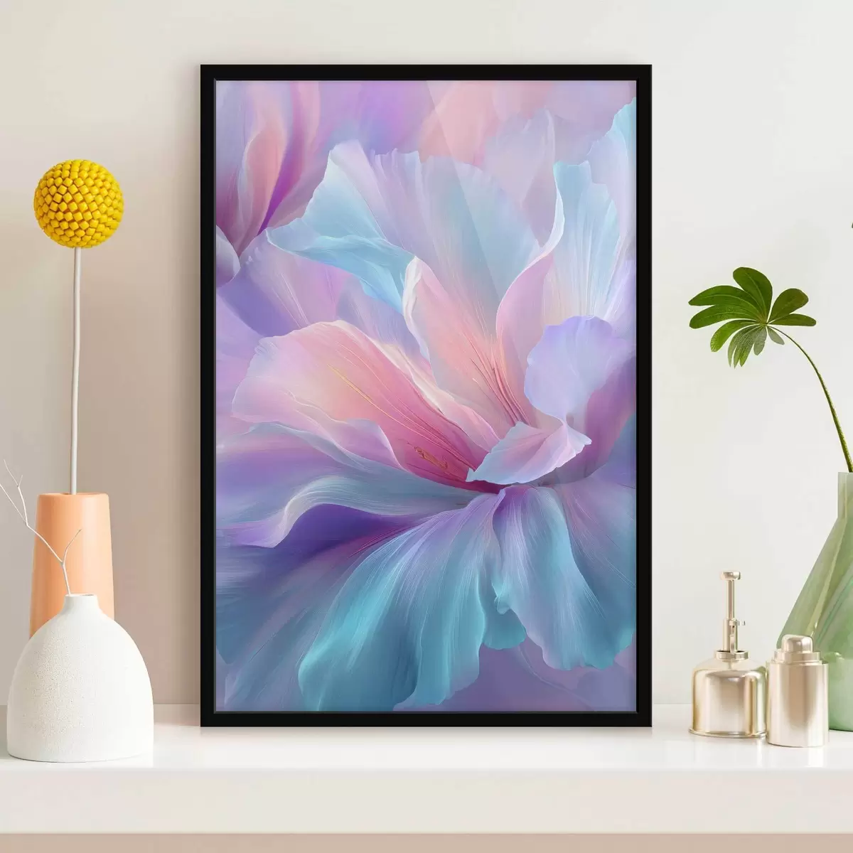Poster een delicate fantasiebloem met bloemblaadjes in tinten paars, blauw en roze. f45710