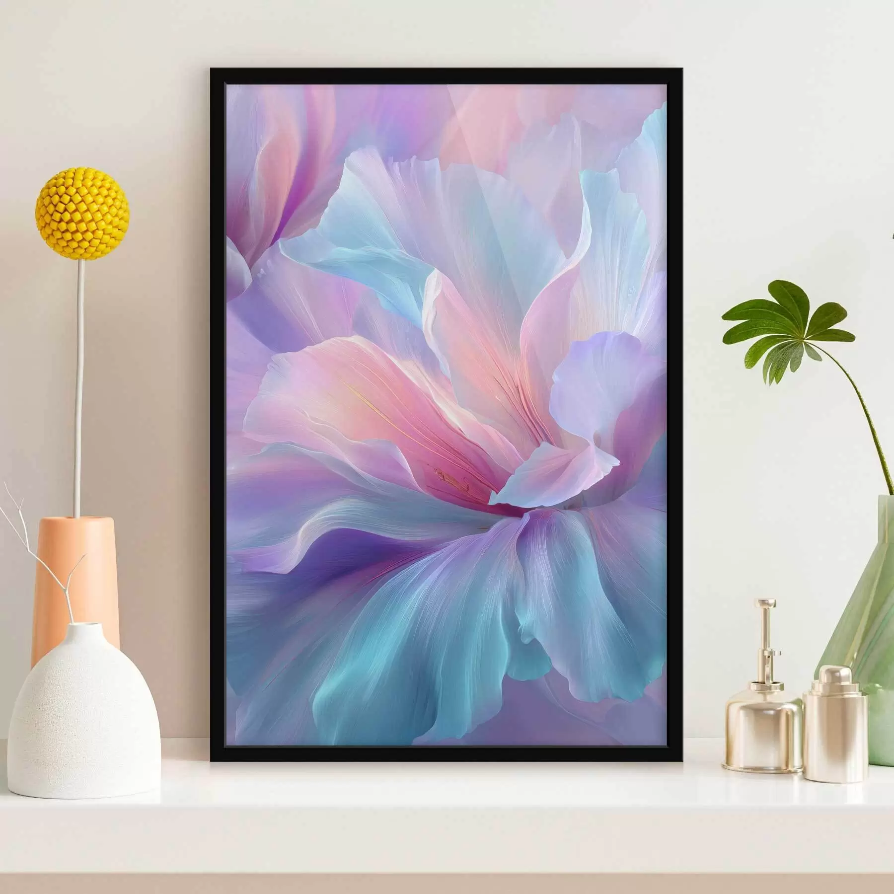 Fotobehang een delicate fantasiebloem met bloemblaadjes in tinten paars, blauw en roze. f45710