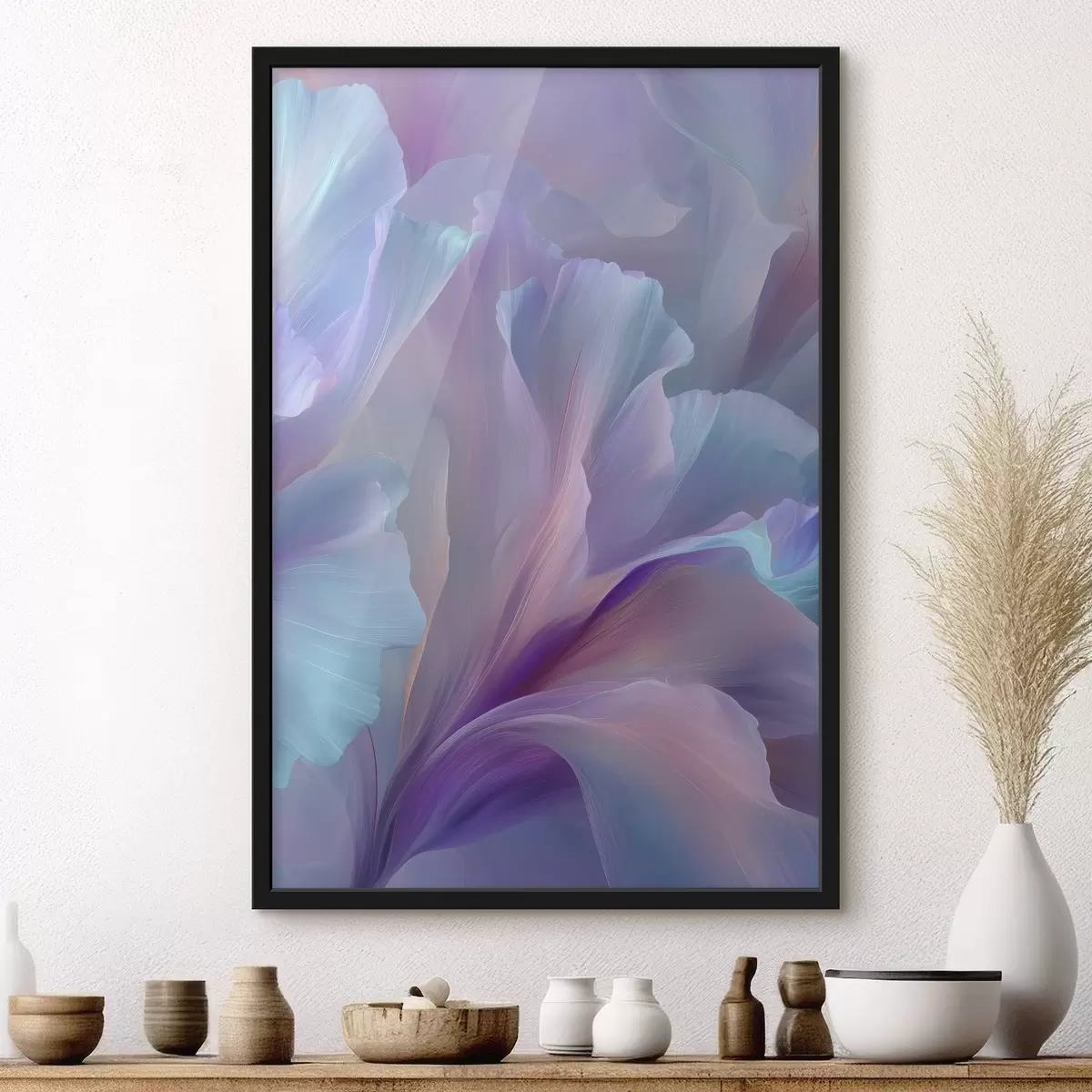 Poster een delicate fantasiebloem met bloemblaadjes in tinten paars, blauw en roze. f45711
