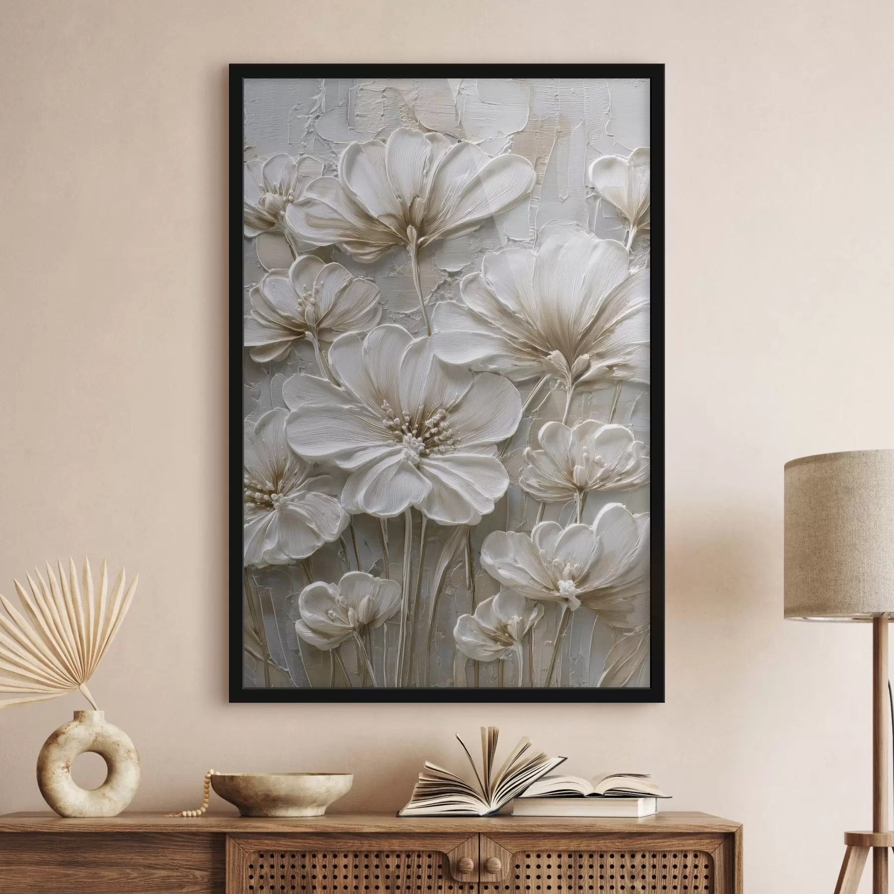 Fotobehang crèmekleurige bloemen in imitatie-impastostijl f45712